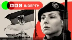 A montage image showing a German military member, the German national flag and the frigate F 222 Baden Württemberg of the German Navy