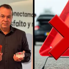 El exguadia civil, que sostiene dos de sus creaciones, en contra de los triángulos.