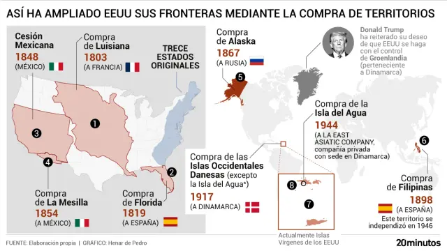 Mapa de los territorios adquiridos por EE UU.