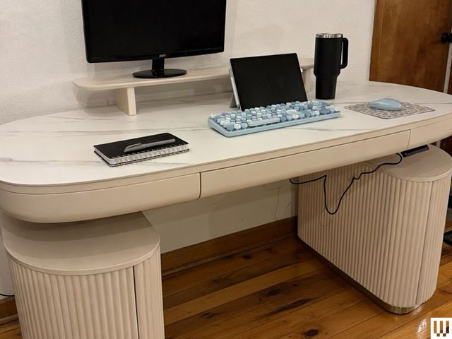 Image may contain Furniture Table Desk Tabletop Computer Hardware Electronics Hardware Monitor Screen and Hardwood