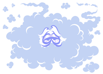 Purple, cartoonish, bloodshot eyes peek out of a cloud of smoke.