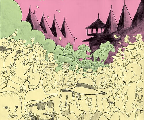 An illustration depicts a crowd of people looking and shouting at a flurry of jockeys on horses running in the background, with a plume of dust in the wake.