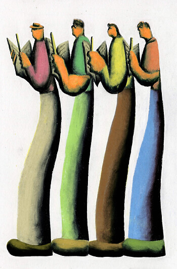 An oil pastel painting of four people standing in a row, all reading books.