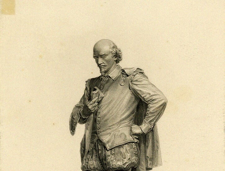 A line drawing of a statue of William Shakespeare.
