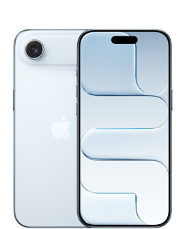 iPhone Air, eksterior belakang, warna Biru Langit, sistem kamera Fusion di bagian atas, logo Apple di tengah, eksterior depan, warna Biru Langit, Dynamic Island di tengah atas