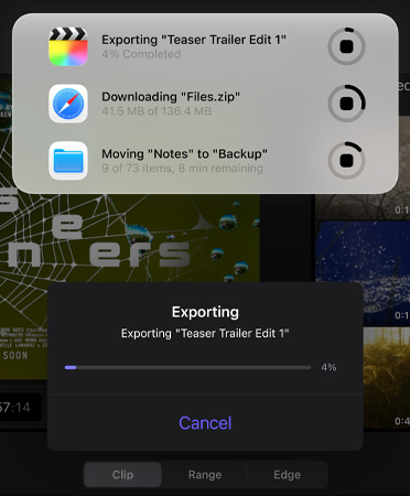 即時動態列表顯示正在進⾏和同時執行多項作業，包括輸出預告片、下載大型檔案，以及將備忘錄移至備份